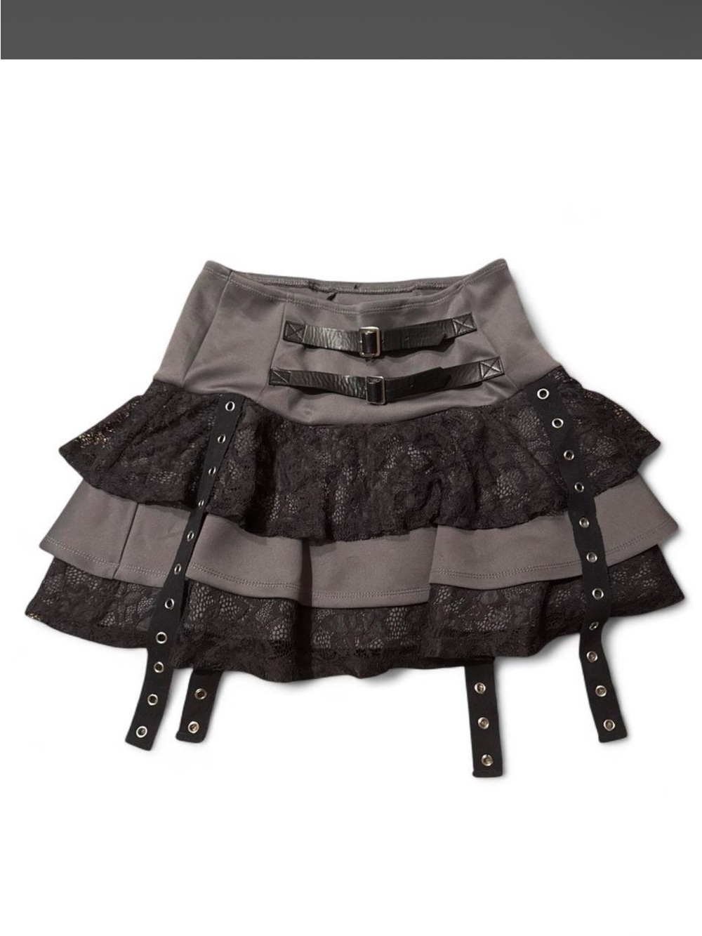 Goth Tiered Black and Gray Lace Mini Skirt with Buckle Details
